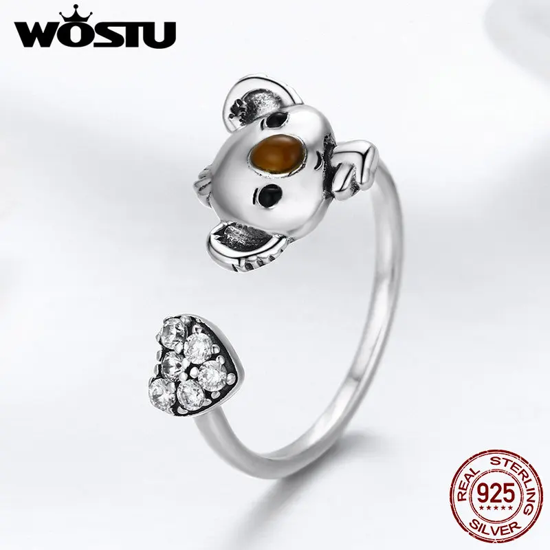 Женское регулируемое кольцо WOSTU красивая коала из серебра 925 пробы с сердечком