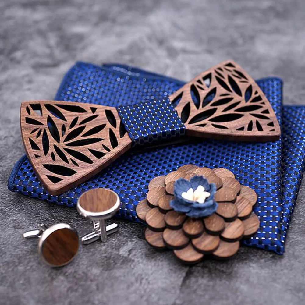 4 шт. мужские клетчатые галстуки-бабочки деревянные выдолбленные резные зажимы