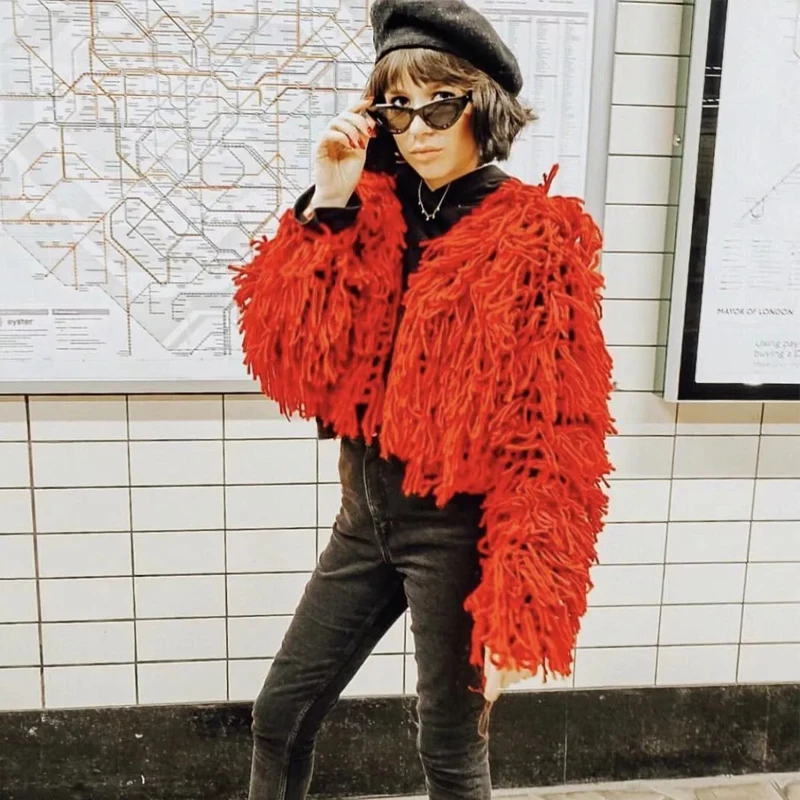 

Vogue Nice HandKnitted Cardigans Women Long Sleeve Tassel Sweater Womans Autumn Winter Coat Loose Hollow Out Cardigan Outwear
