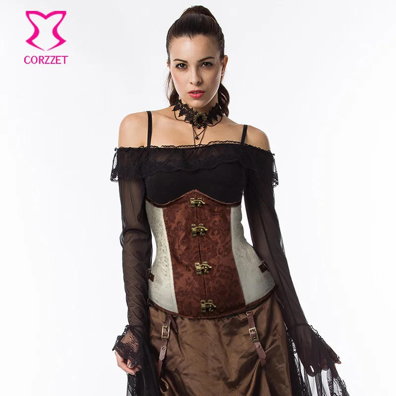 Коричневый Бурлеск Готический корсет стимпанк стальной с косточками для талии