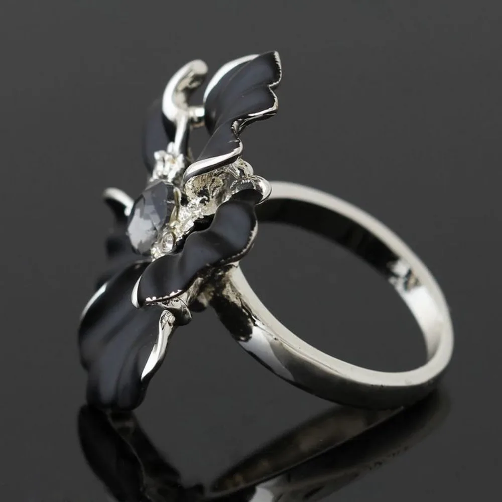 Женское Винтажное кольцо с черным цветком толстое серебряное покрытие большие
