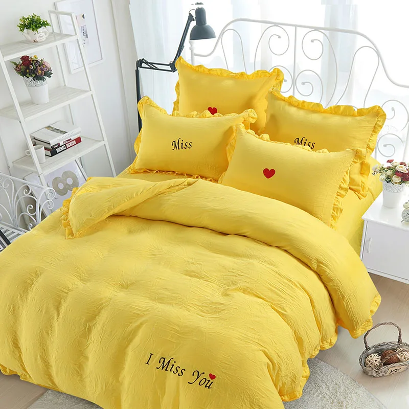i miss you yellow INS промытый хлопок четыре части кружева Seers промытый хлопок серии набор простой сплошной мягкий приятный для кожи удобный прочный - Цвет: i miss you yellow