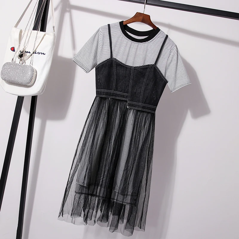 Женский комплект из 2 предметов футболка в полоску и длинные сетчатые джинсы большого размера M 4XL лето