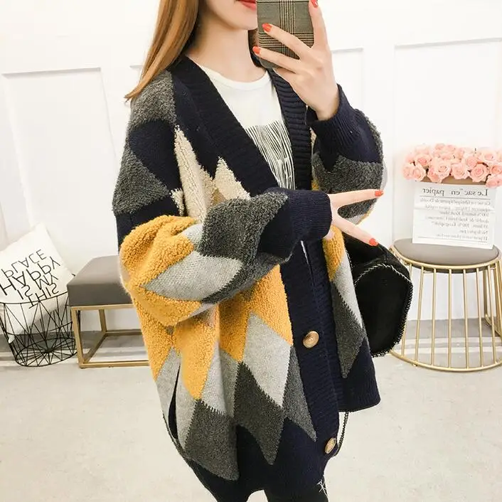 Autumn Winter Thick Knitted Cardigans Coat Women Fashion Long Sleeve Poncho Sweater Womans Crochet Cardigan