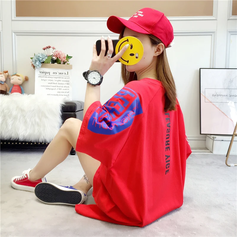 JIBAIYI Harajuku свободная с коротким рукавом длинная футболка женская мягкая хлопковая