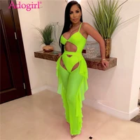adogirl fluorescence color fashion casual two piece set hollow out spaghetti straps bodysuit swimwear ruffle sheer mesh pants