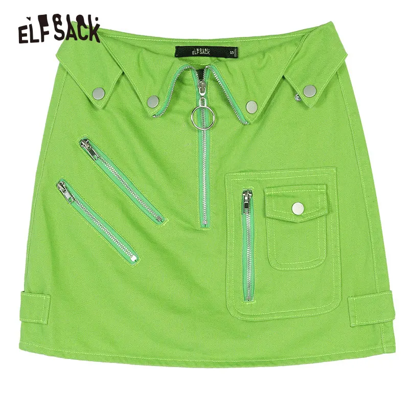 

ELFSACK Neon Green Denim Women Mini Skirt 2019 Summer Streetwear Zipper Fly Mid Waist Femme Skirts Fashion Solid Woman Bottoms