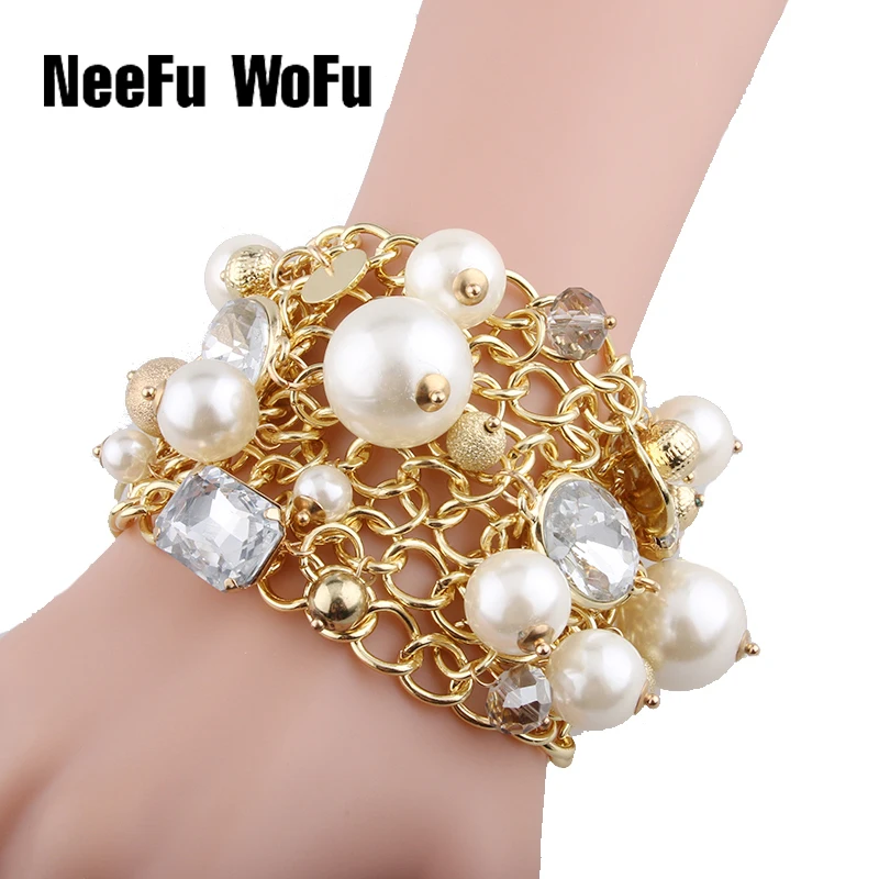 Женский браслет в стиле ретро большие стразы с жемчугом и кристаллами|pearl