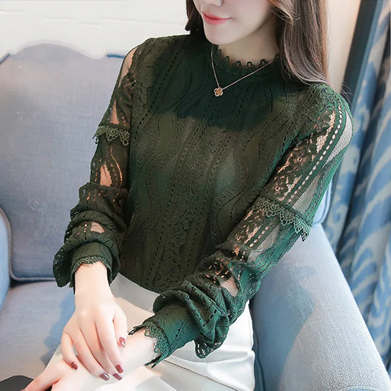 

New Arrival Women Tops Fashion Green Lace Blouse Autumn Long Sleeve Plus Size Shirts Hollow Out Renda Blusas Femininas