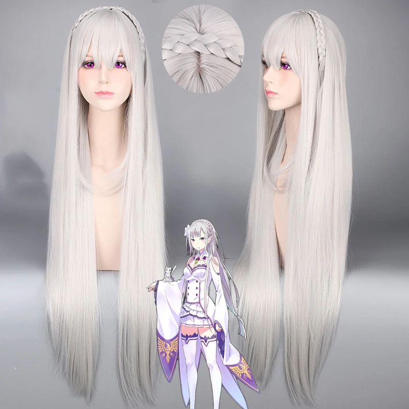 Morematch Re: Zero Emilia Satella парики для косплея жизнь в другом мире от Zero 100 см серые длинные волосы с косой