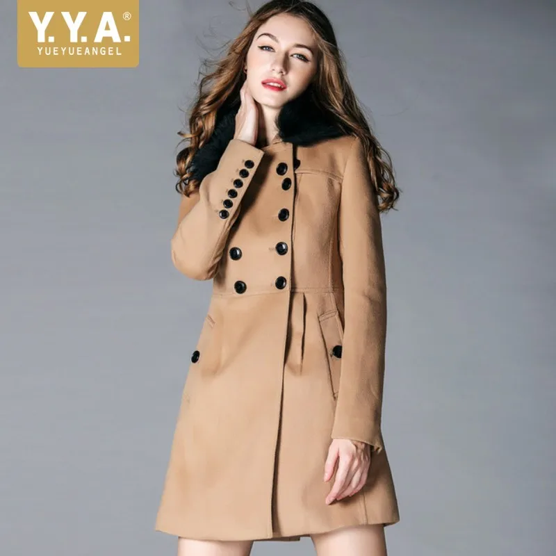 

New Fashion Slim Cashmere Wool Coats Ladies Luxury Fox Fur Collar Solid Black Wool Overcoats Long Sleeve Double Breasted Clothes
