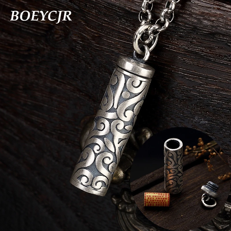 BOEYCJR S990 Серебряное облако буддизм письменный амулет внутри ожерелье медитация