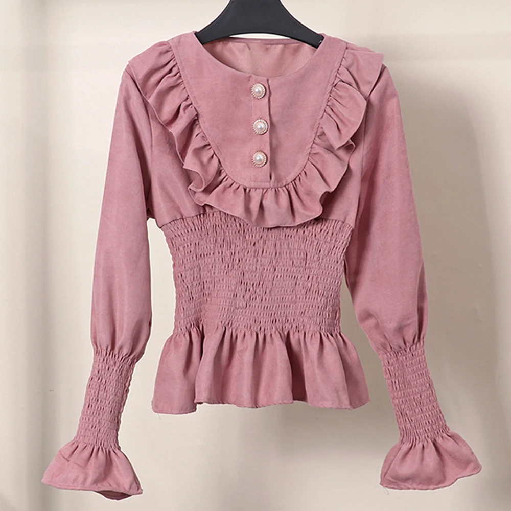 Женская блузка на пуговицах FTGSDLONG винтажная с длинным рукавом и круглым вырезом