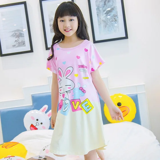 Hot sale Short sleeve girl's Nightgown Summer Cartoon night dress kids pajamas Knitted cotton children Homewear sleepwear ZP22 | Мать и