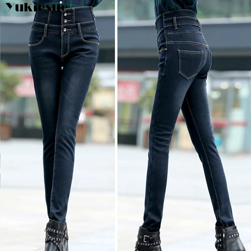 Женские джинсы с высокой талией 2017 зимние теплые вельветовые флисовые