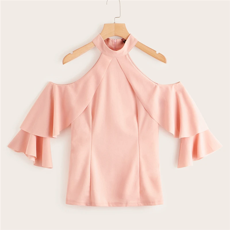 SHEIN элегантный пастельный розовый гофрированный Холтер с открытыми плечами, многослойный топ с расклешенными рукавами, блузка, женские весенние облегающие Сексуальные вечерние блузки