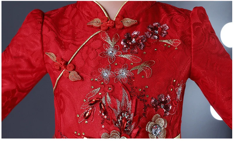 Красное китайское Qipao детское платье осень-зима Cheongsam атласное цветочное вечернее платье Детская одежда для дня рождения и нового года 12 лет