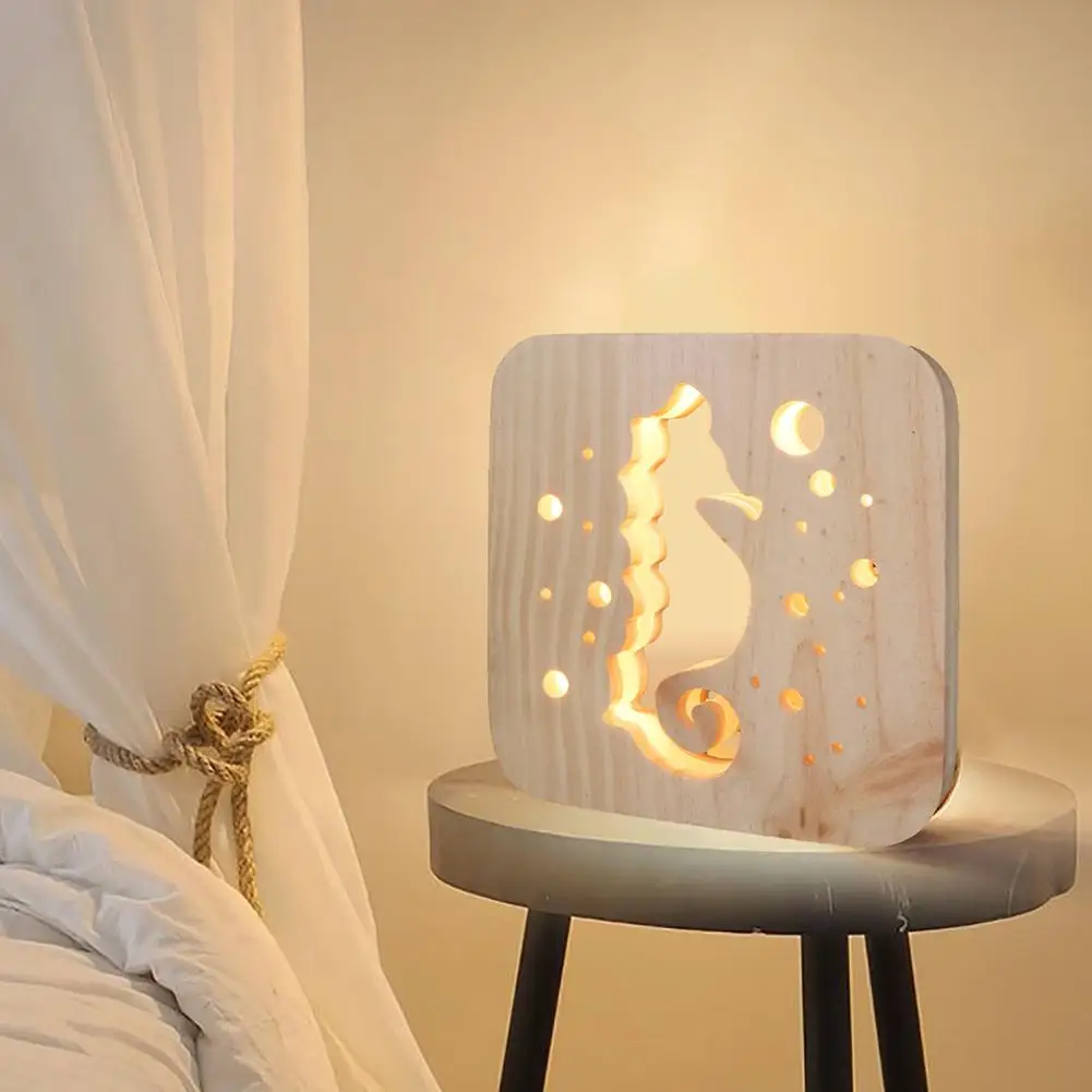 Деревянный Seahorse ночник USB LED Настольная лампа декоративное освещение подарочный