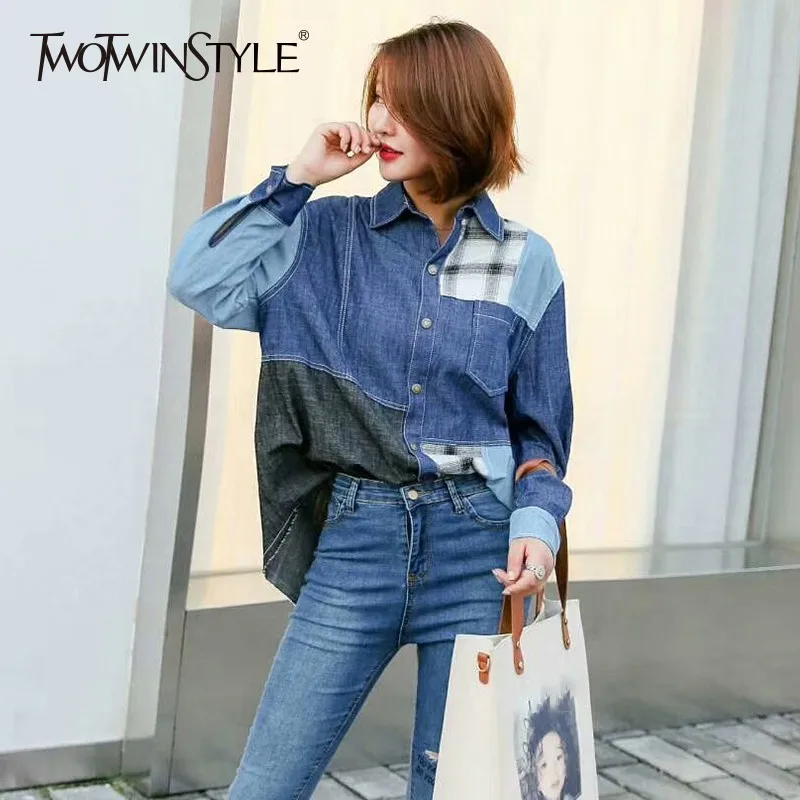 

TWOTWINSTYLE Patchwork Plaid Women's Blouse Loose Long Sleeve Single Breasted Denim Tops Female 2020 Autumn Casual Fashion New