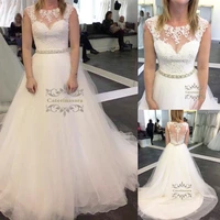 illusion scoop lace wedding dress a line tulle bridal dress for women elegant sheer back wedding dresses with crystals sash