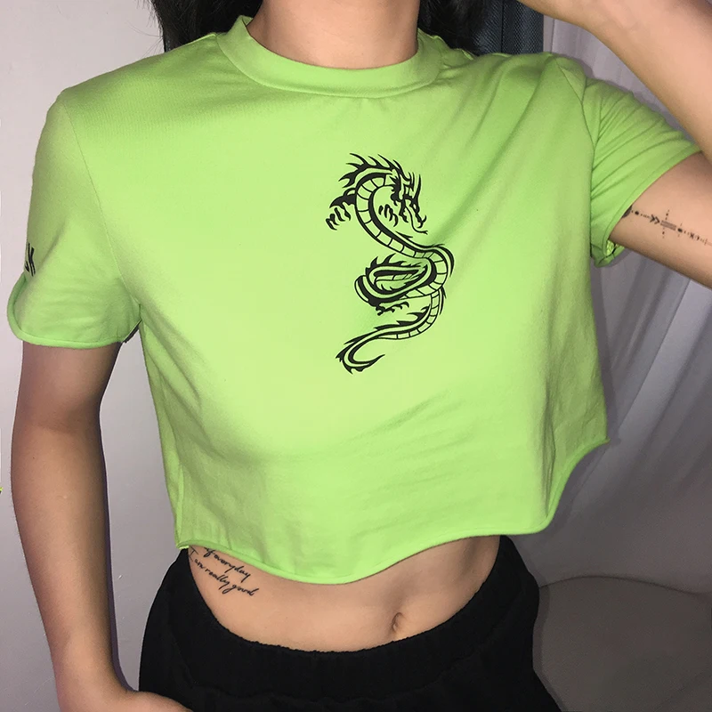 Sweetown/модная футболка с рисунком дракона; Femme; неоновый цвет; корейский стиль; Повседневный укороченный топ; короткий рукав; негабаритная футболка; сезон лето