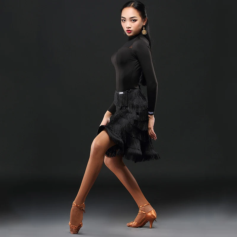 Женская черная юбка для латинских танцев многослойная с бахромой современный