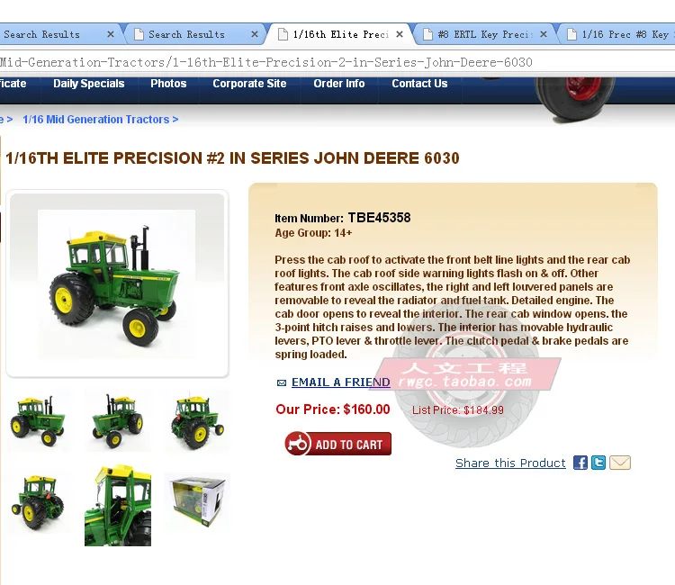 KNL HOBBY J Deere 6030 сельскохозяйственный трактор сплав модели автомобилей США ERTL 1:16