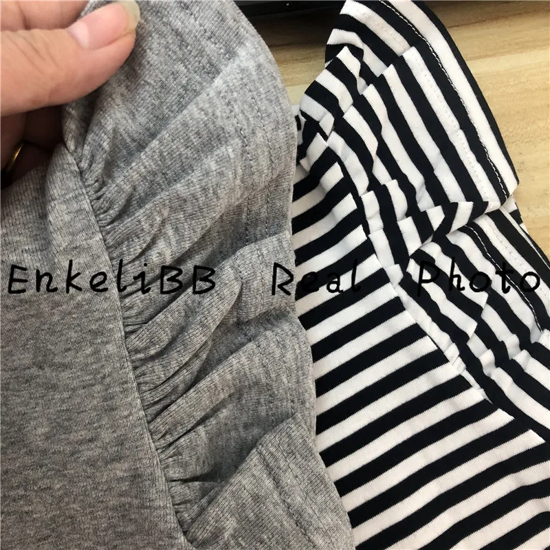 EnkeliBB Летняя Повседневная футболка для маленьких девочек, футболка с оборкой для девочек, красивые базовые футболки в полоску розового/белого/серого цвета, качественные Топы