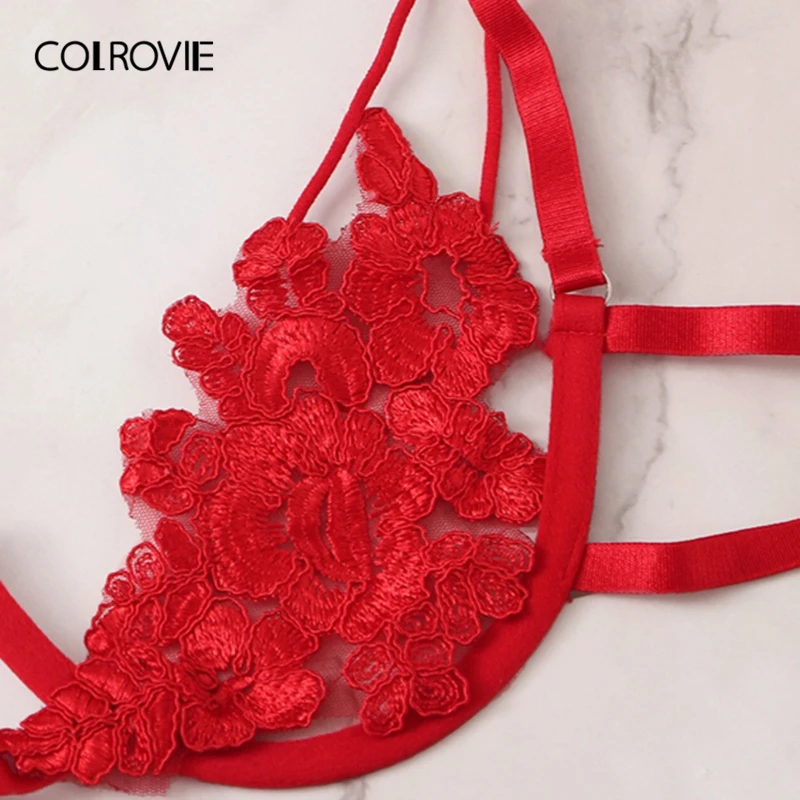 COLROVIE, красный цветочный кружевной комплект нижнего белья с вырезами, женское нижнее белье,, на косточках, прозрачный бюстгальтер и стринги, комплект нижнего белья