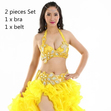 Gold 2pcs Suit Египетский костюм для танца живота комплект бюстгальтер с украшением из бисера B/C Кубок волна юбка Египетский танец живота костюм профессиональный - Цвет: Gold 2pcs Suit