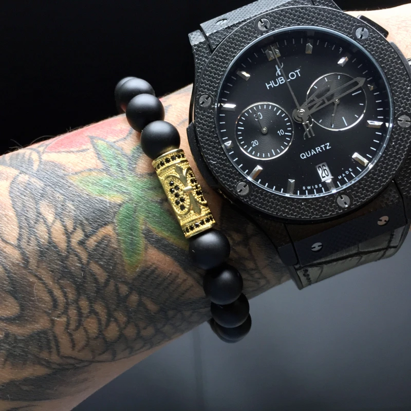 Mcllroy new brand MCLLROY 8mm natural black lucky beads bracelets gentleman micro-paved anchor cross yoga Vintage bracelet Men | Украшения