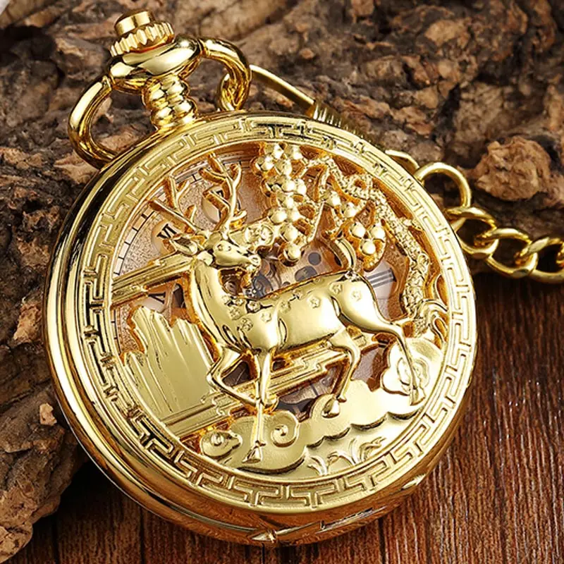 Golden Hollow Deer Pattern Orologio Da Tasca Meccanico Vintage Double Side Steampunk Fob Clock Collana Maschile Catena Dell'Orologio Donna Uomo