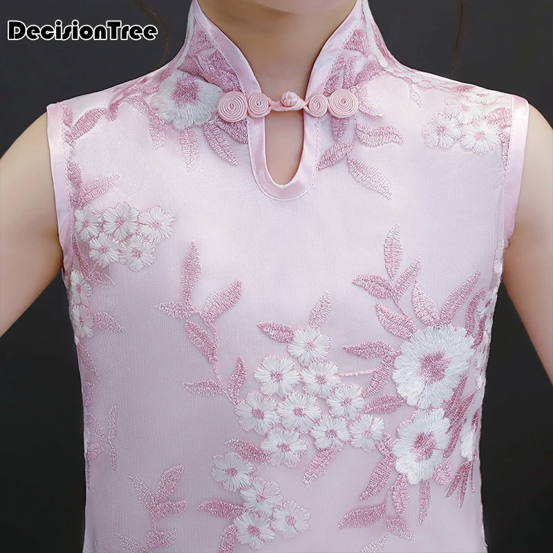 

2019 new traditional kids girl princess blue cheongsam dress children oriental style dresses long sleeve retro dressing gown