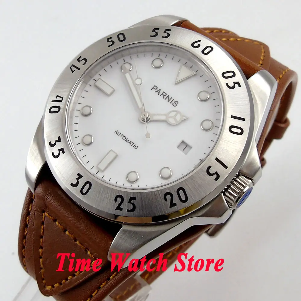 

Parnis 43mm white dial luminous sapphire glass brown leather strap 10ATM MIYOTA Automatic mens watch 602 relogio masculino