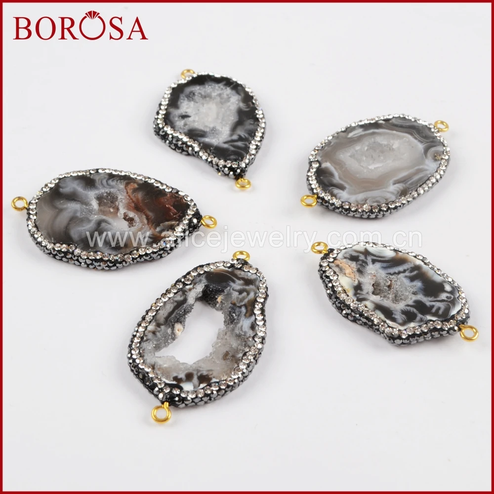 

BOROSA Natural Agates Onyx Stone Slice Druzy Connectors Freeform Drusy Stone Paved Zircon Pendant Bead for Jewelry Making JAB801