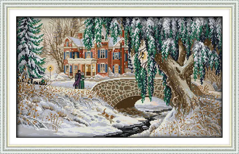 Покрытый снегом пейзаж напечатанный на холсте DMC Счетный китайский набор