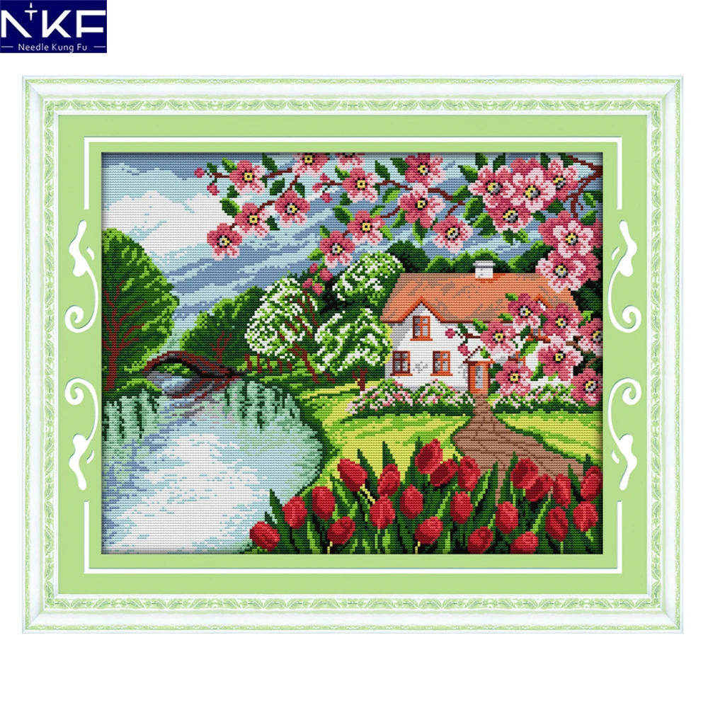 

NKF Cabin with The Fragrance of Flowers Cross Stitch Pattern Needlework Set Embroidery Kit Scenery Cross Stitching Home Decor