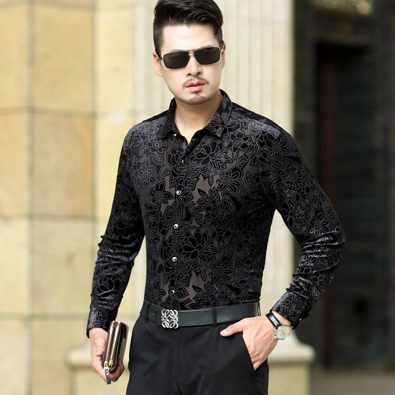 New design male casual see through shirts hollow floral long sleeve clothes mens sexy transprant dress shirt | Мужская одежда