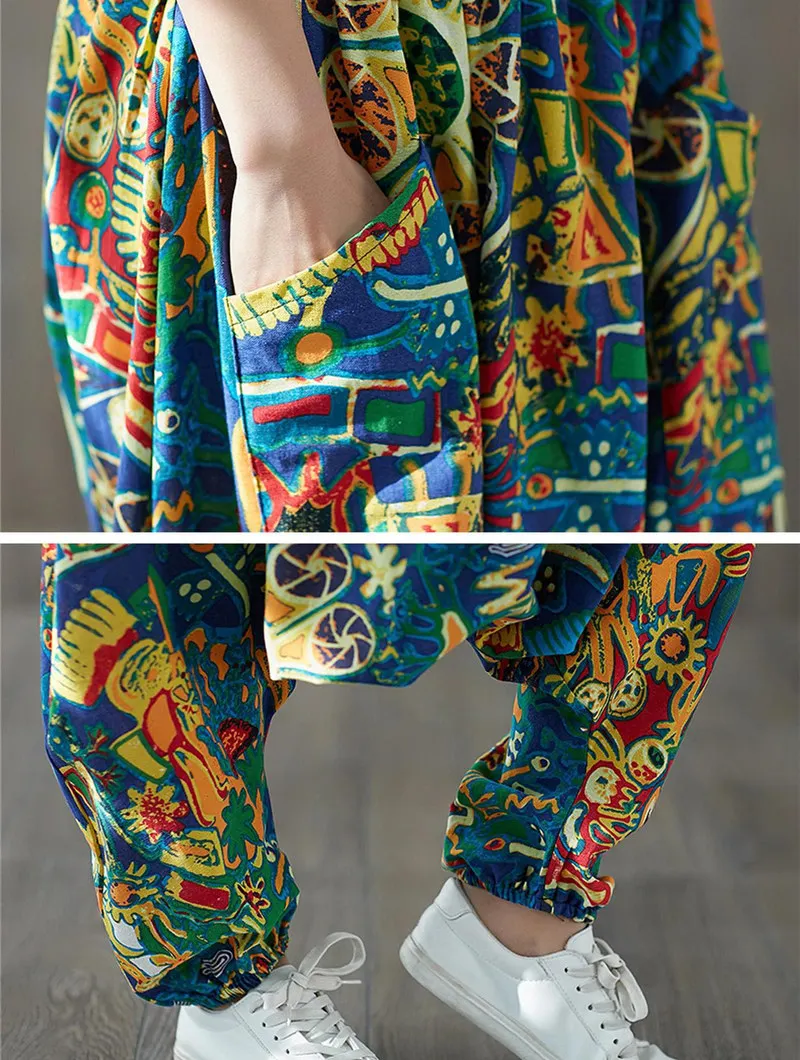 Женские штаны-шаровары Boho, свободные, негабаритные, смешанный хлопок, уличная одежда, хип-хоп танцевальные брюки, этнический принт, брюки хиппи