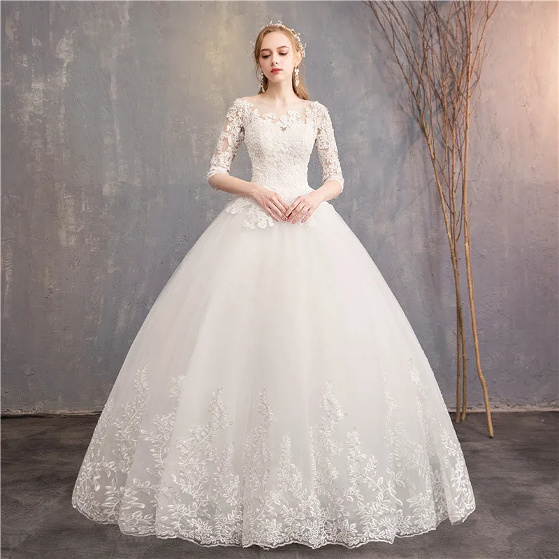Модное сексуальное роскошное кружевное свадебное платье Vestidos de novia с милым королевским шлейфом 100 см, вышитое платье с коротким рукавом 7 - Цвет: Floor Length