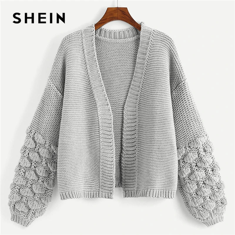 SHEIN серый элегантный вязаный кардиган с рукавом-Бишопом, Повседневный свитер, осень, элегантные женские свитера