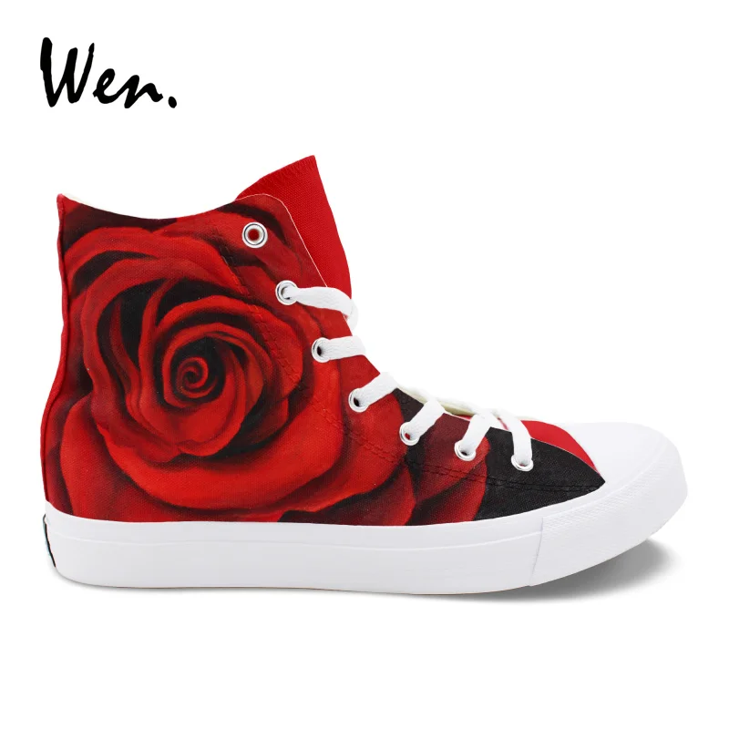 

Wen Wedding Shoes Vulcanize Canvas Lacing Casual Flat Red Rose Hand Painted Sneakers Flower Women Lovers Shoes Valentine's Day