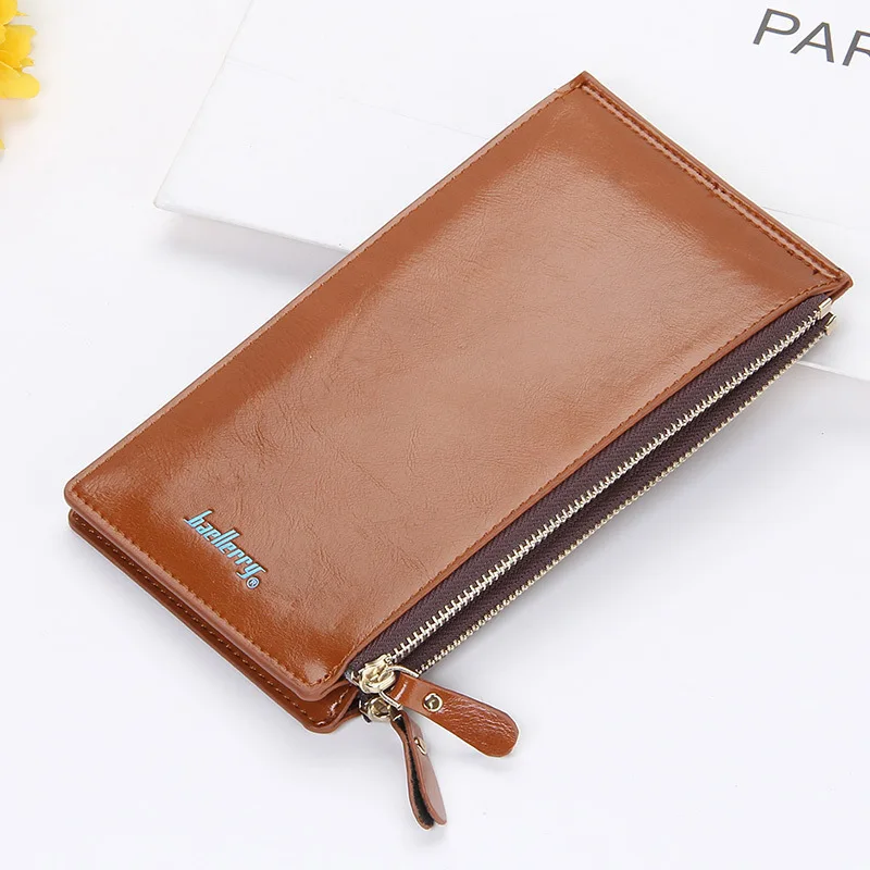 Light brown Новинка, повседневные женские кошельки, клатч, Женский Длинный кошелек, Женская двойная молния, масло, воск, кожаные кошельки, кошелек для женщин, держатель для карт - Цвет: Light brown