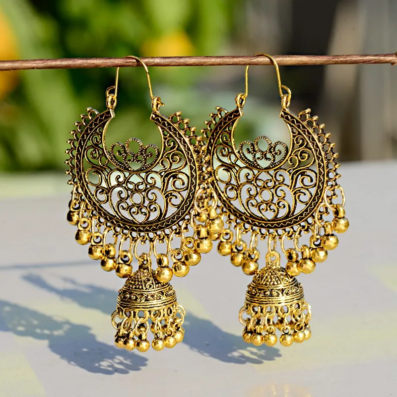 Классические Винтажные серьги Jhumka Jhumki с золотым резным узором для женщин