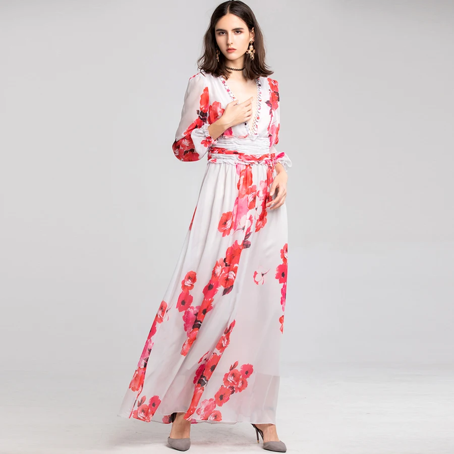 Платье для пляжа AELESEEN Designer Runway 2019 весна осень V-образный вырез цветочный длинное Femme Boho стиль пайетки сексуальное Vestido XXL.