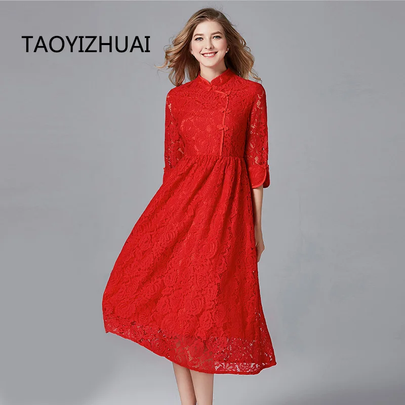 TAOYIZHUAI 2019 New Arrival Winter Women Red Dress Plus Size L Hollow Out Fit And Flare Thicken Lace Long 14152(R) | Женская одежда