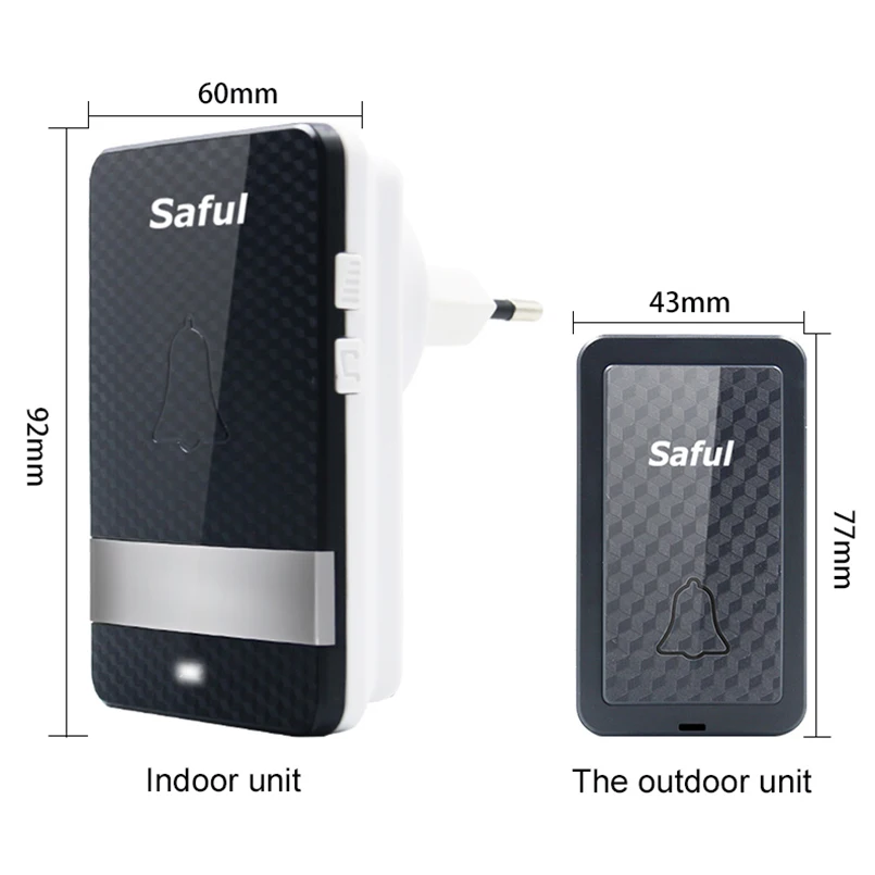 Saful Self-powered Waterproof Wireless Doorbell no battery long distance 2 Outdoor Button +1 Indoor Receiver EU/US/UK/AU plug |