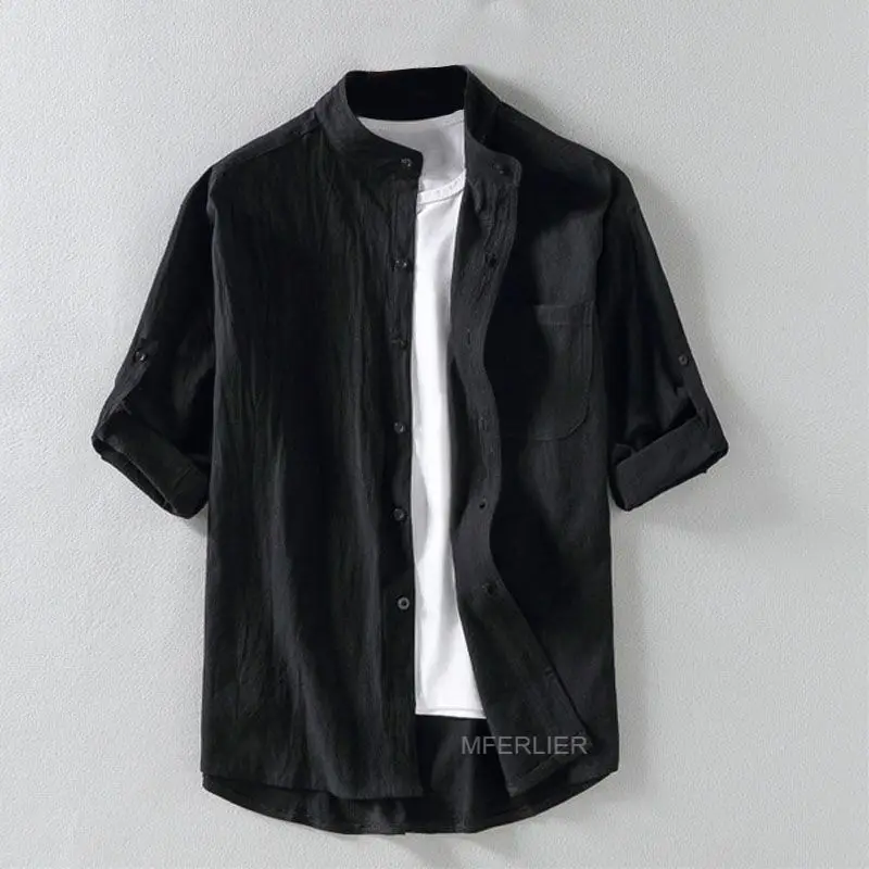 Черный Летние хлопковые льняные мужские рубашки 5XL 6XL 7XL бюст 136 см плюс размер большой размер рубашки мужские 3 цвета - Цвет: Черный