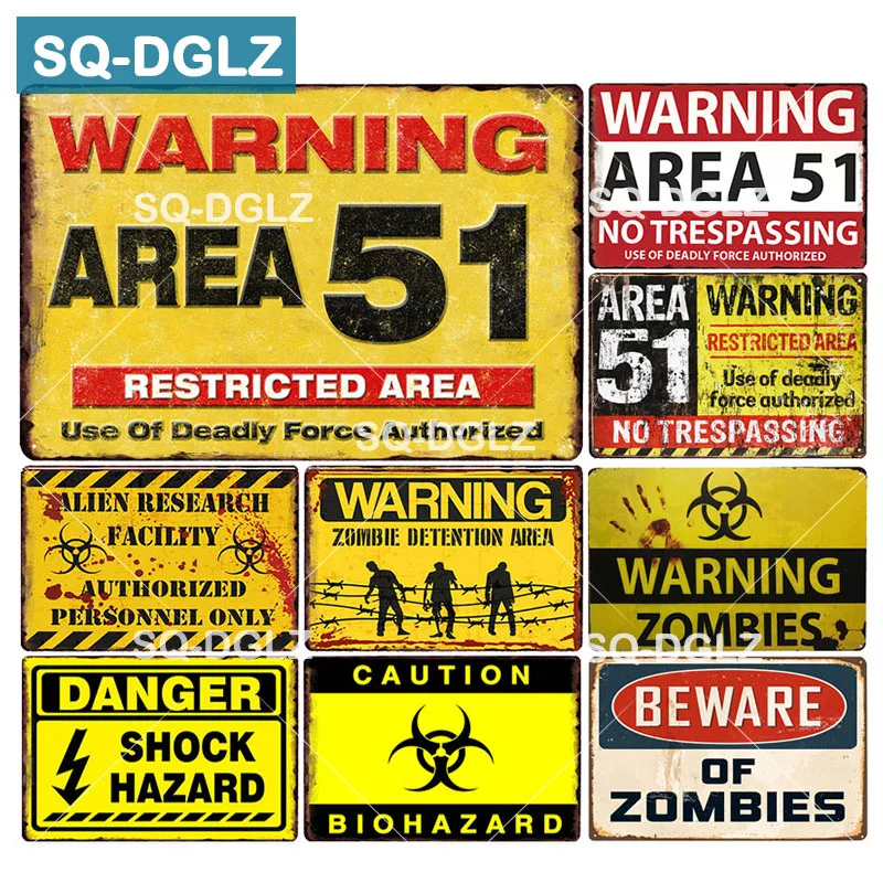 [SQ DGLZ] Предупреждение Area 51 металлическая жестяная вывеска зомби налета Краски