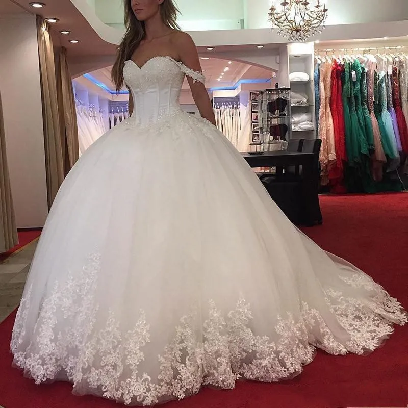 

2019 New Arabic Ball Gown Wedding Dresses Sweetheart Lace Appliques Crystal Beaded Off Shoulder Puffy Vestido Plus Size Formal B